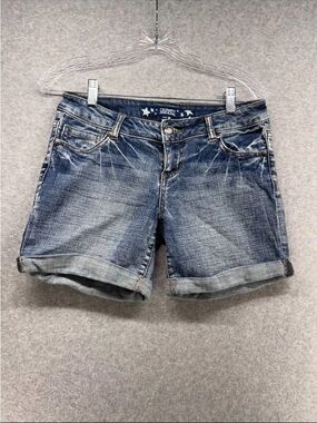 Celebrity Pink Mid-Blue Distressed Roll Cuff Denim Shorts